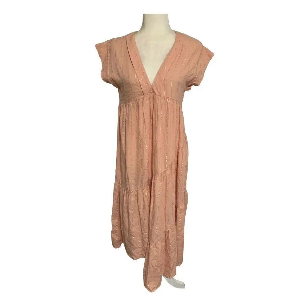 zara womens pink metallic short sleeve v neck midi dress small
